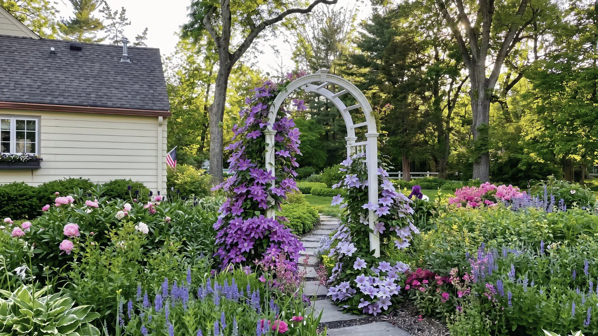 Garden pathway leading through a flower-filled yard with a white arch covered in purple blooms beside a cottage house.