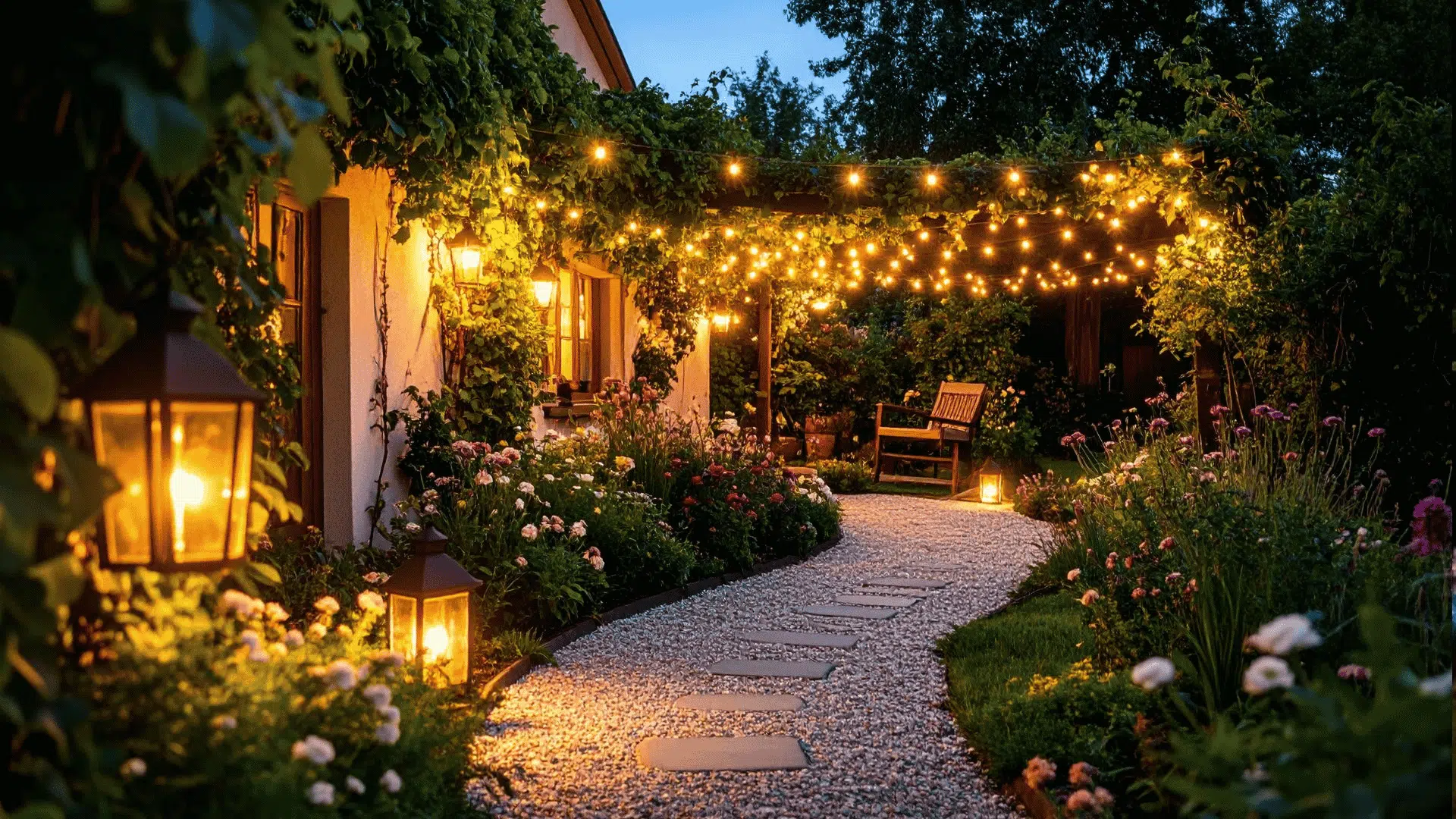 Garden pathway with glowing lanterns and string lights beside a flower-filled patio and vine-covered outdoor seating area.
