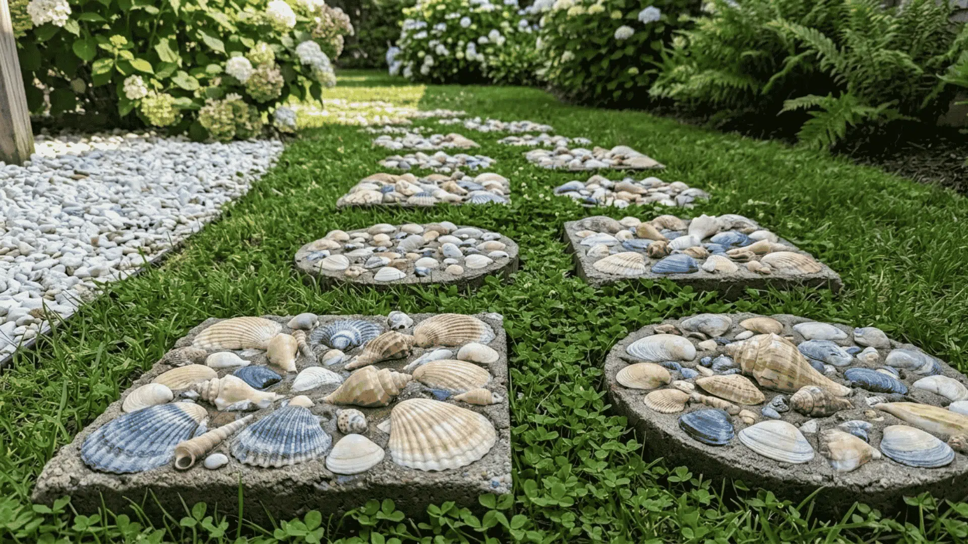 Garden stepping stones decorated with seashells and pebbles arranged through green grass.