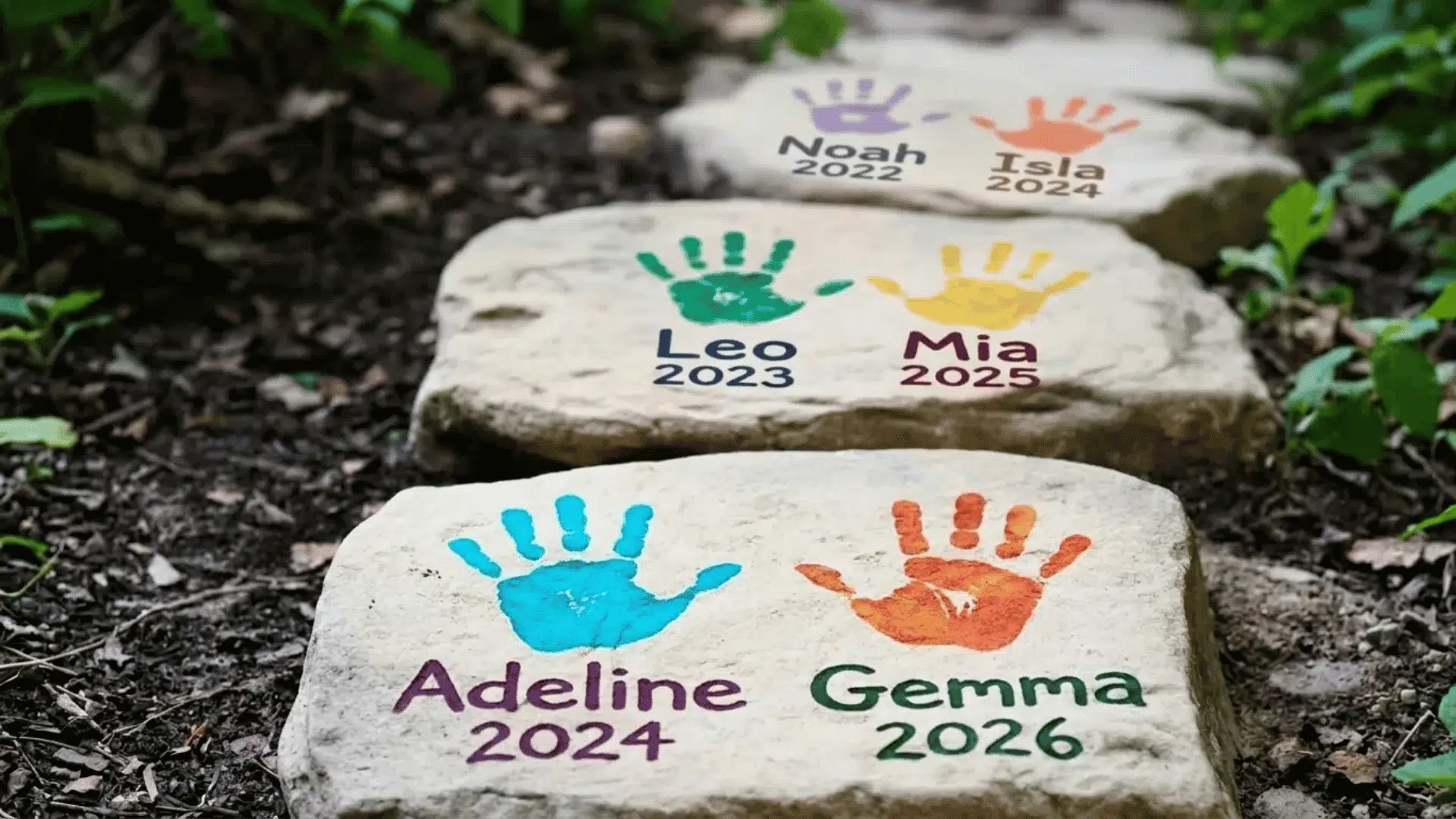 Garden stepping stones with colorful handprints, names, and years placed along a dirt path.