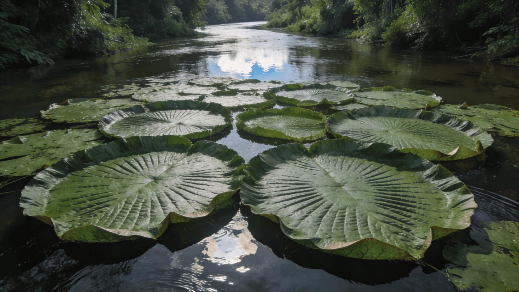 Giant water lilies with broad leaves floating on a rainforest river or swamp