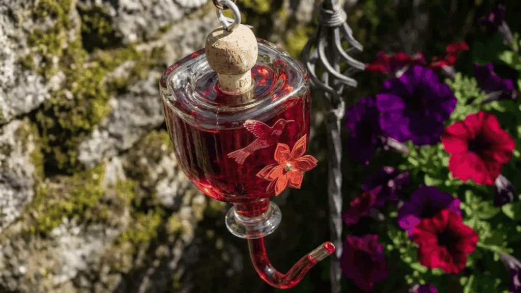 Glass DIY hummingbird feeder with red nectar, cork top, and flower accents hanging near garden blooms