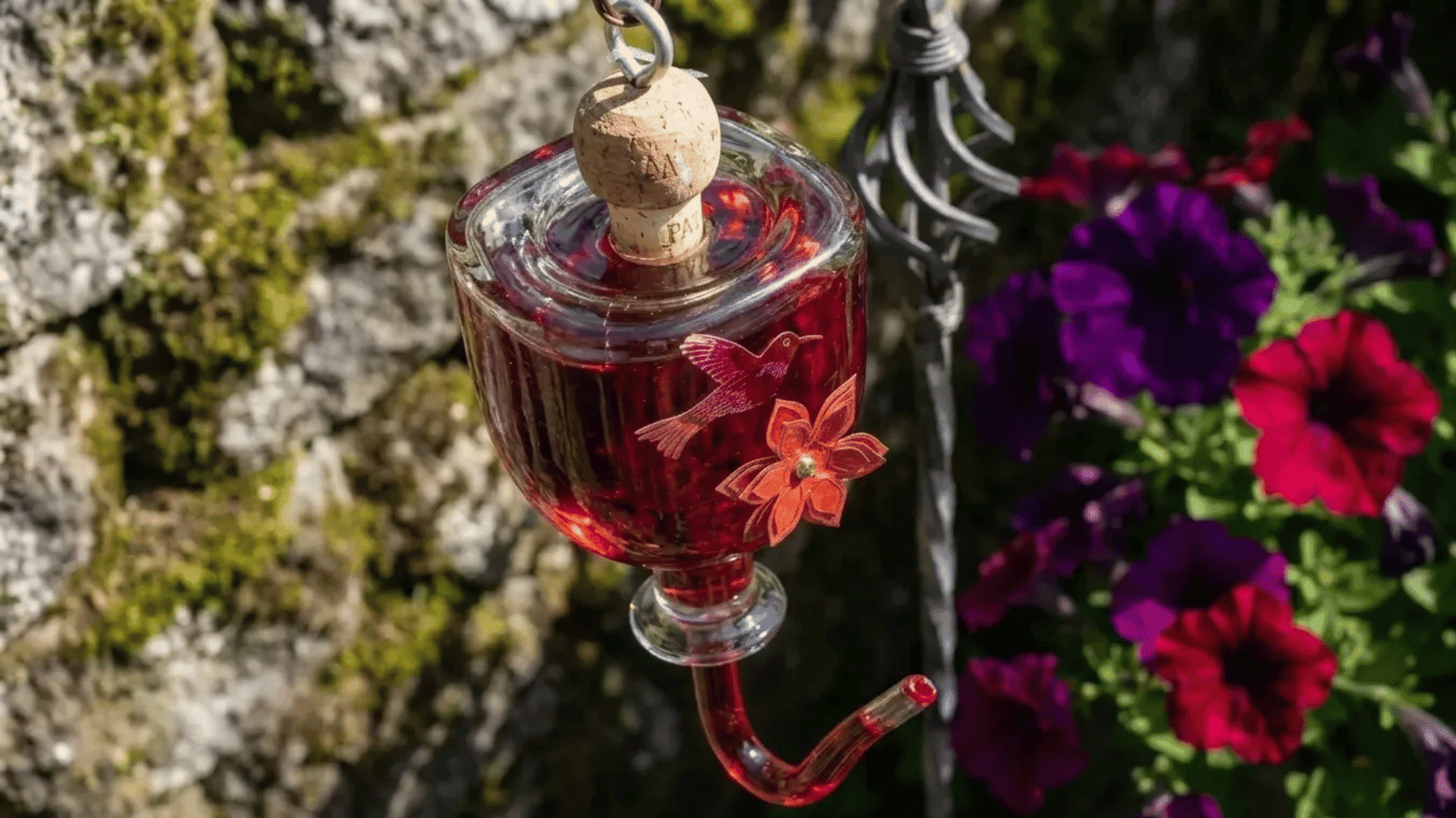 Glass DIY hummingbird feeder with red nectar, cork top, and flower accents hanging near garden blooms