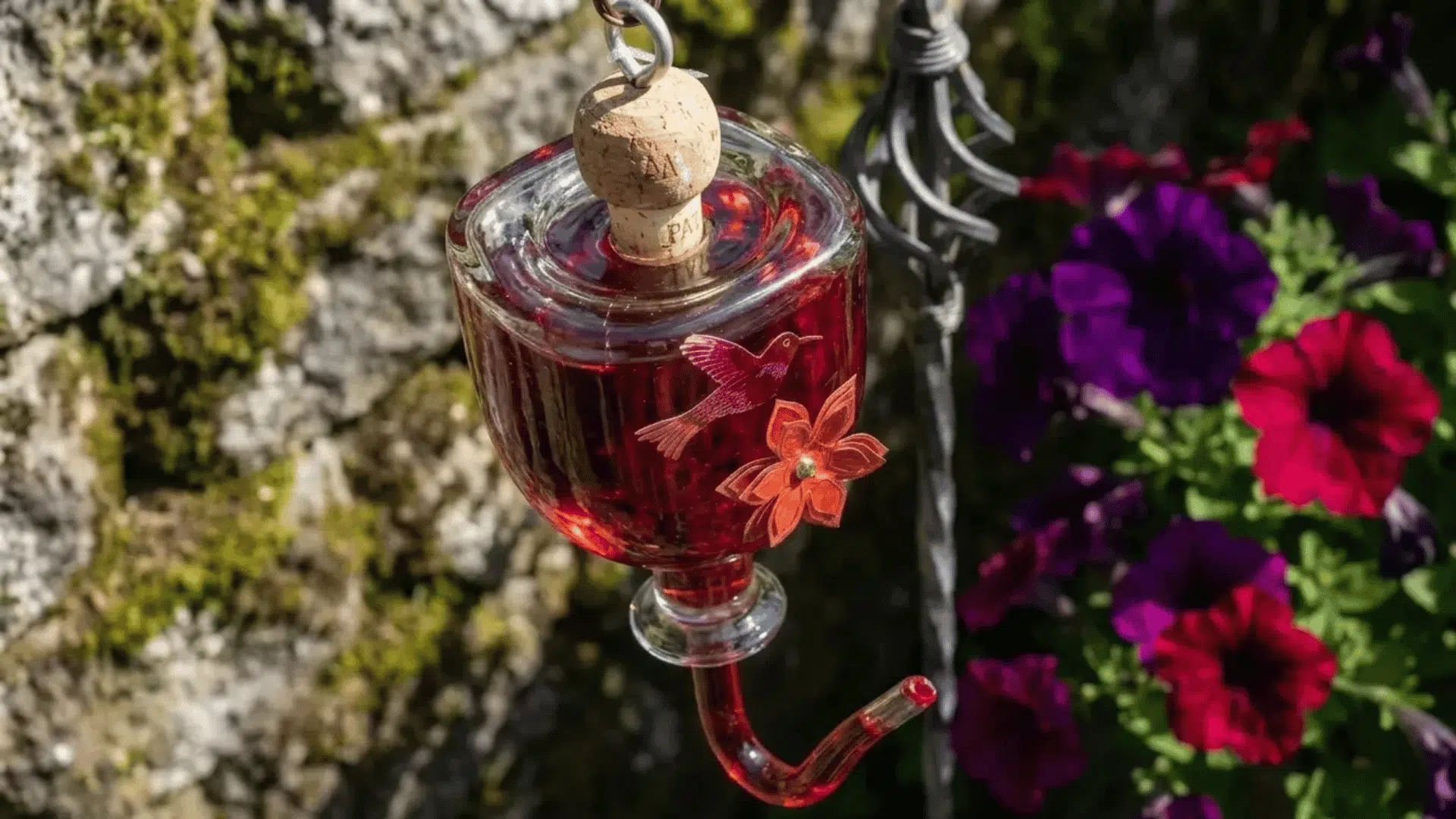 Glass DIY hummingbird feeder with red nectar, cork top, and flower accents hanging near garden blooms