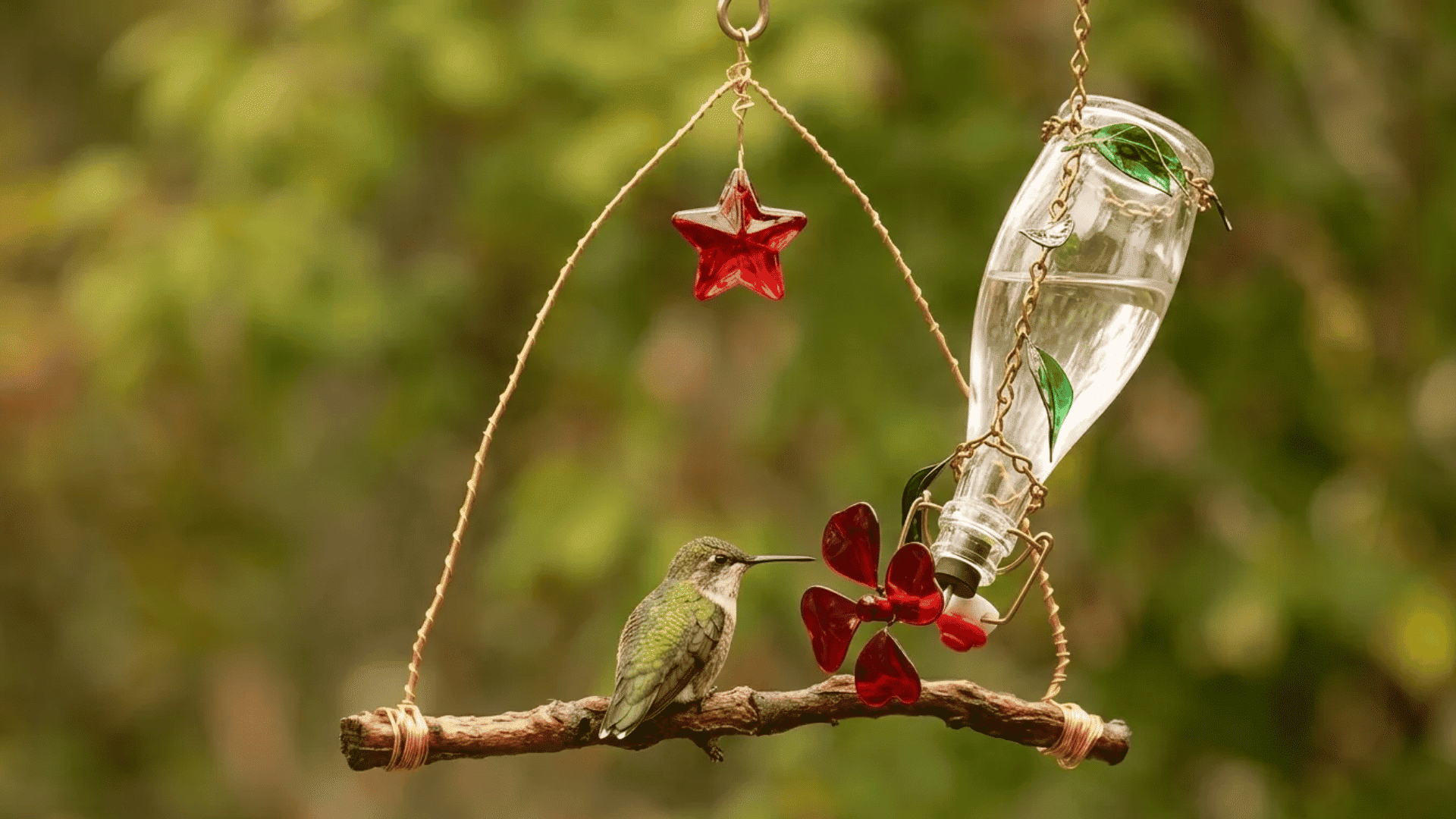 Hummingbird resting on a twig perch beside a DIY hummingbird feeder with red flower accents