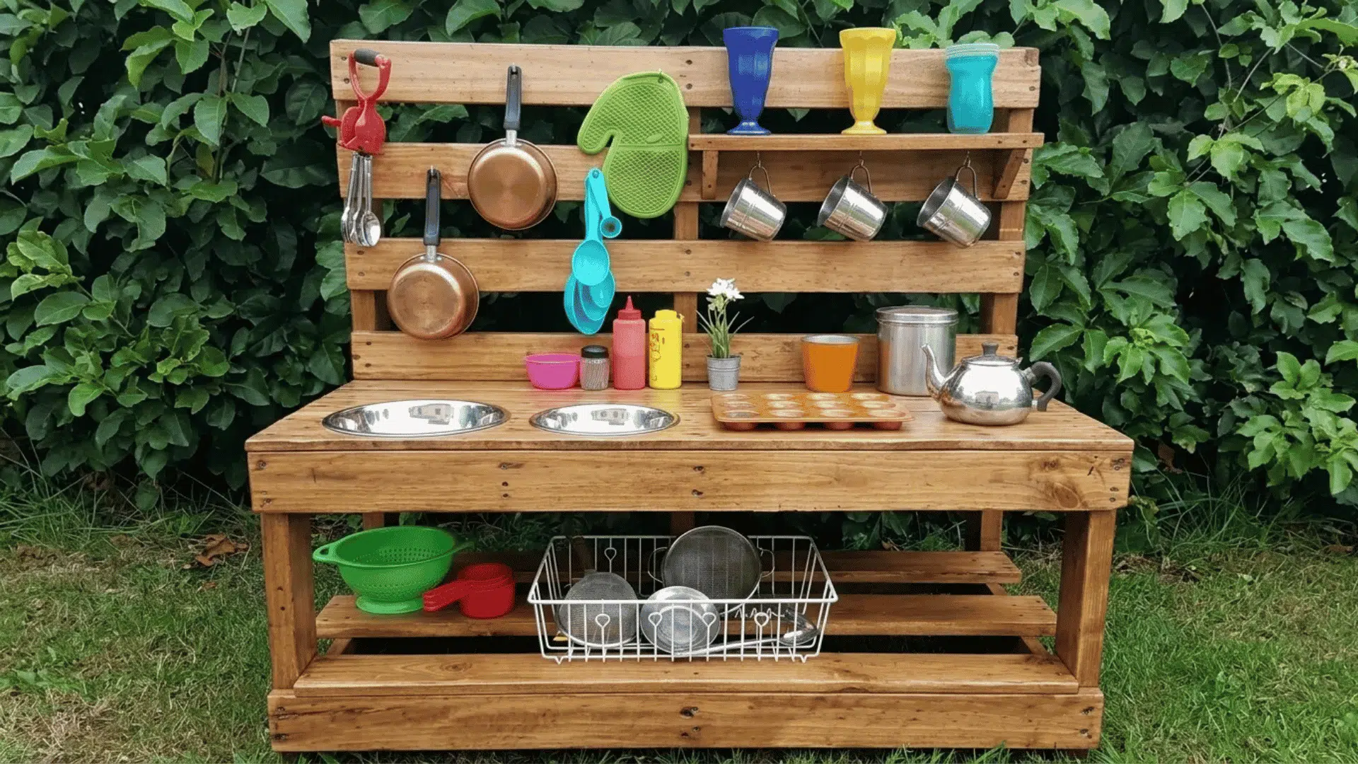 Mud kitchen made from wooden pallets with two metal sink bowls, hanging utensils, shelves, cookware, and storage baskets in a backyard garden.