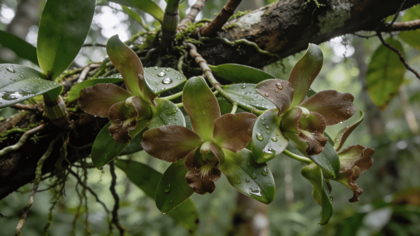 Orchids growing on tree branches with water in their leaves
