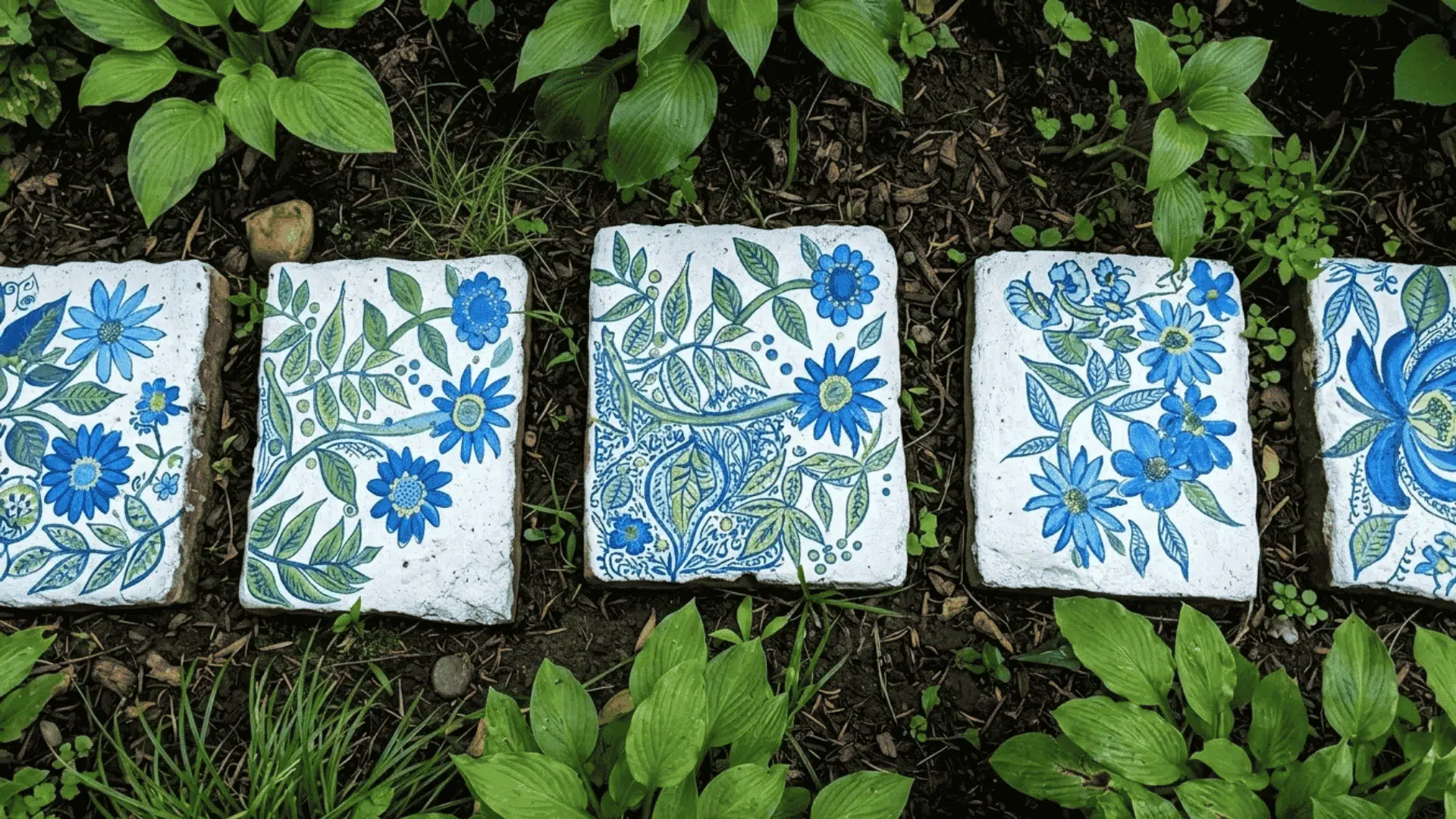 Painted square stepping stones with blue flowers and green leaves set in a garden path.