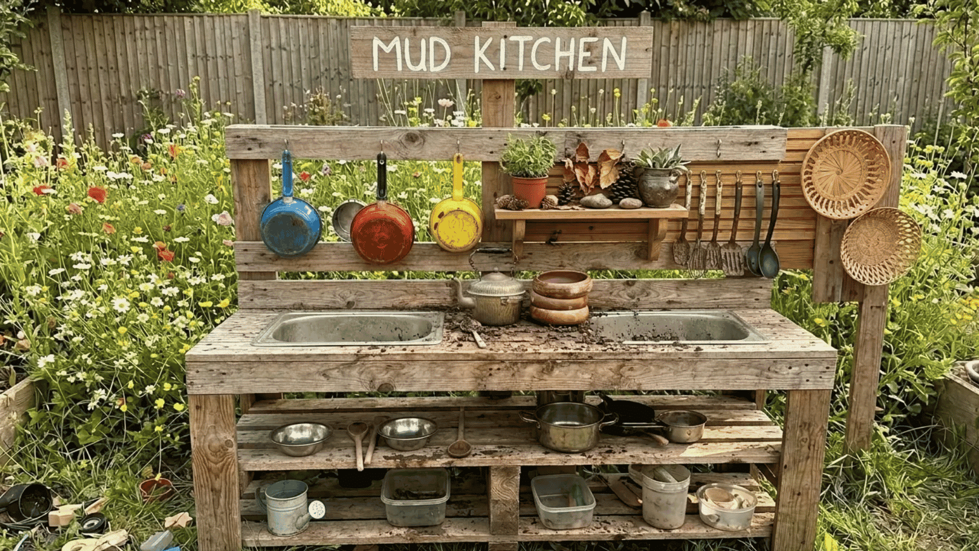 Pallet mud kitchen with dual sink basins, hanging cookware, open shelving, and nature-inspired accessories set in a wildflower garden.