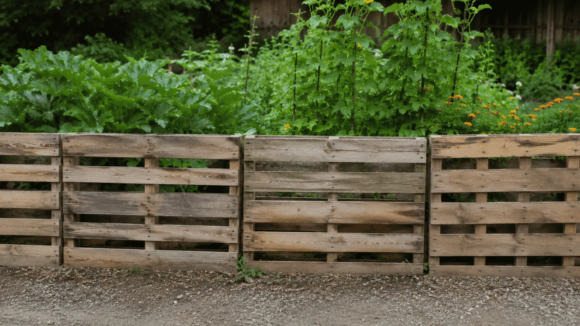 Pallet wood fence around a vegetable garden with leafy plants behind it