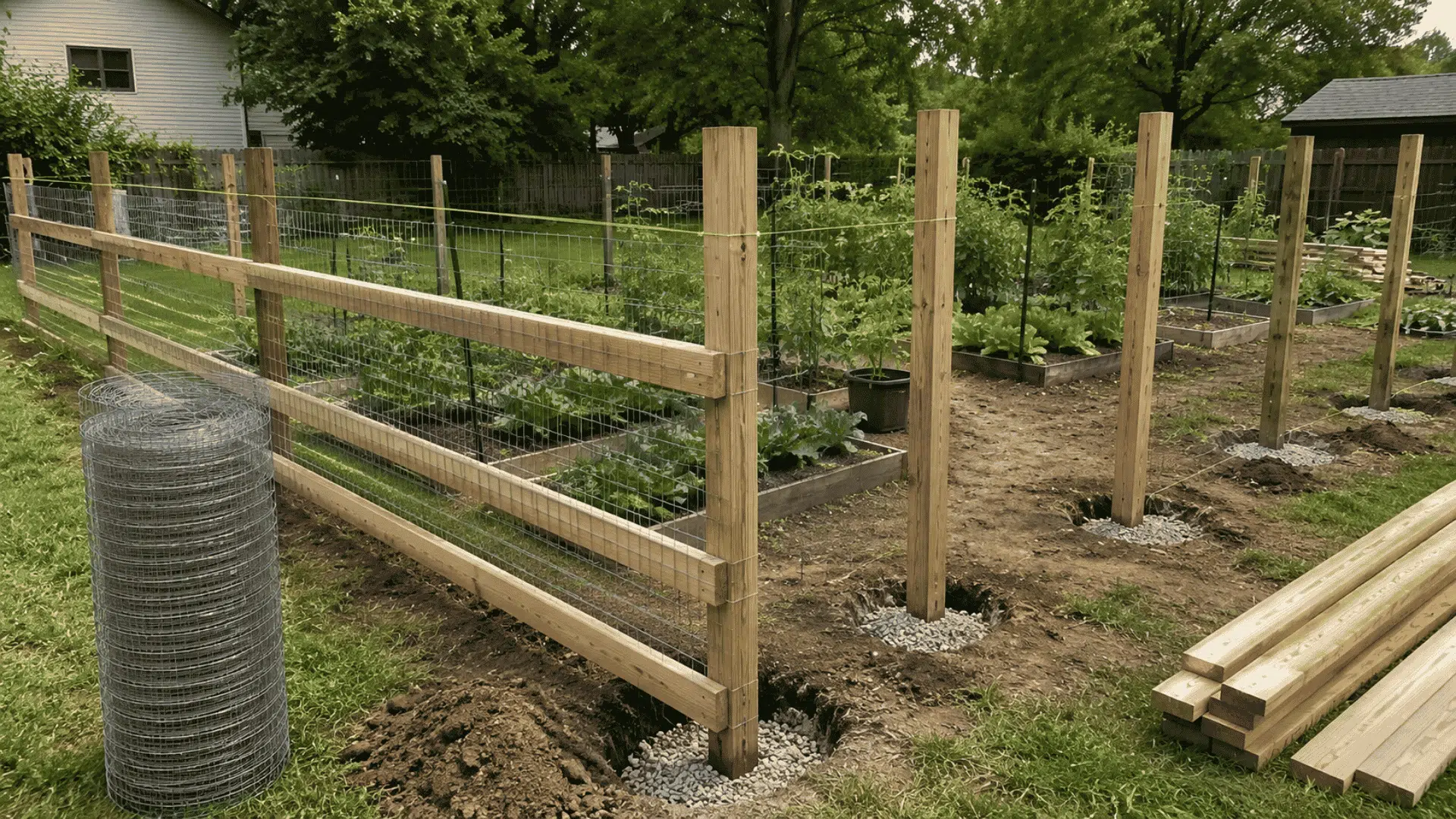 Partly built garden fence with wood posts, rails, wire mesh, and a marked gate opening