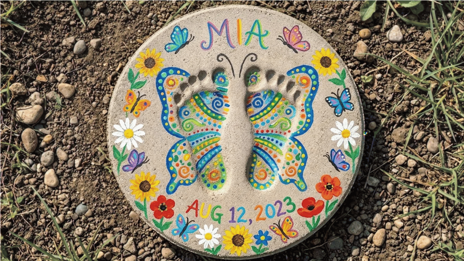 Personalized round stepping stone with footprint butterfly art, flowers, name, and date.