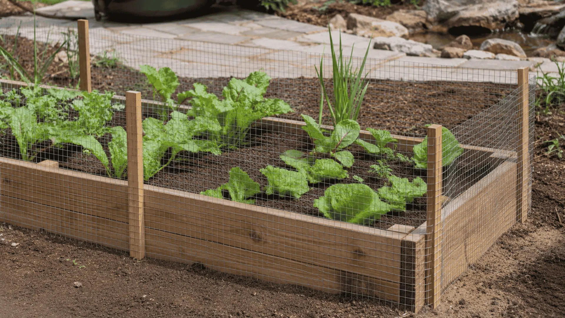 Raised wooden garden bed with low wire mesh fence and young vegetables inside