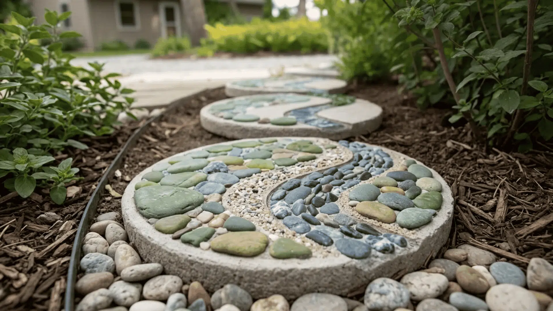 Round garden stepping stones with river rock patterns set between mulch and plants.