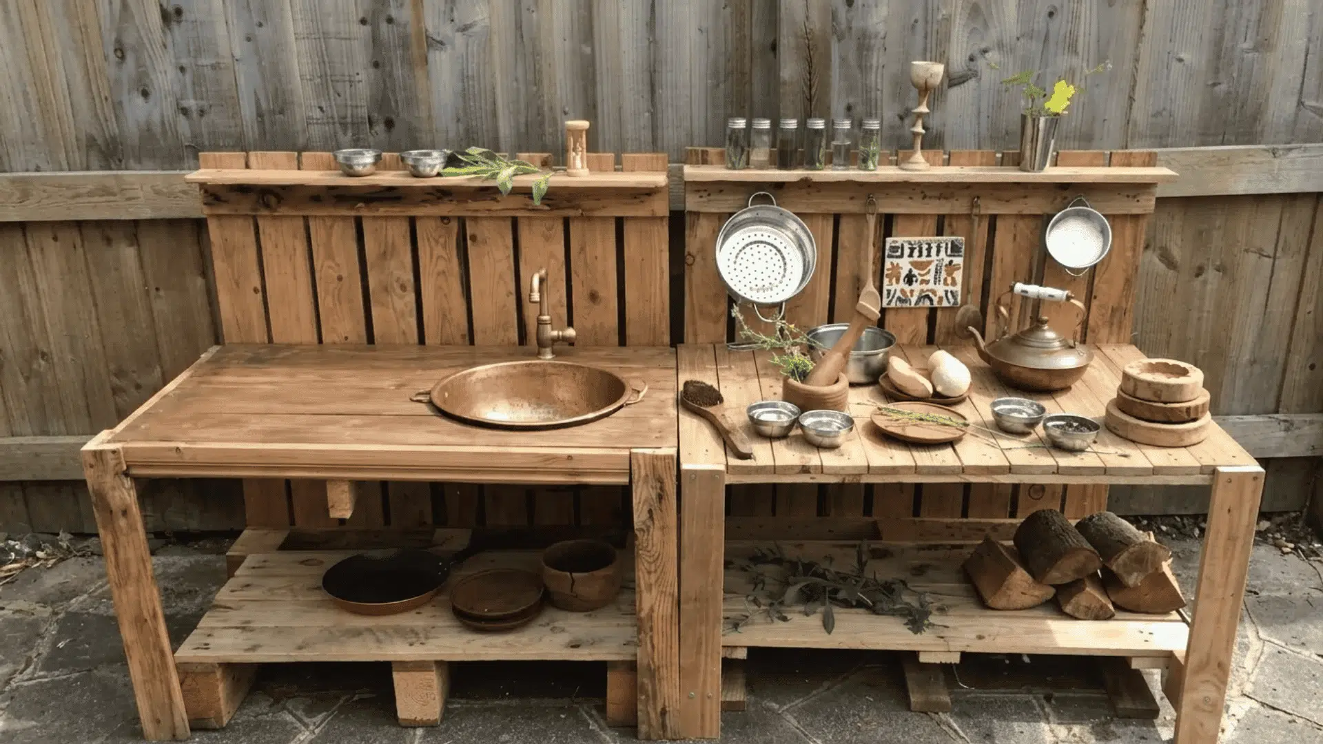 Rustic cedar fence board mud kitchen with copper sink, wooden worktops, open shelving, natural play accessories, and built-in storage beneath.