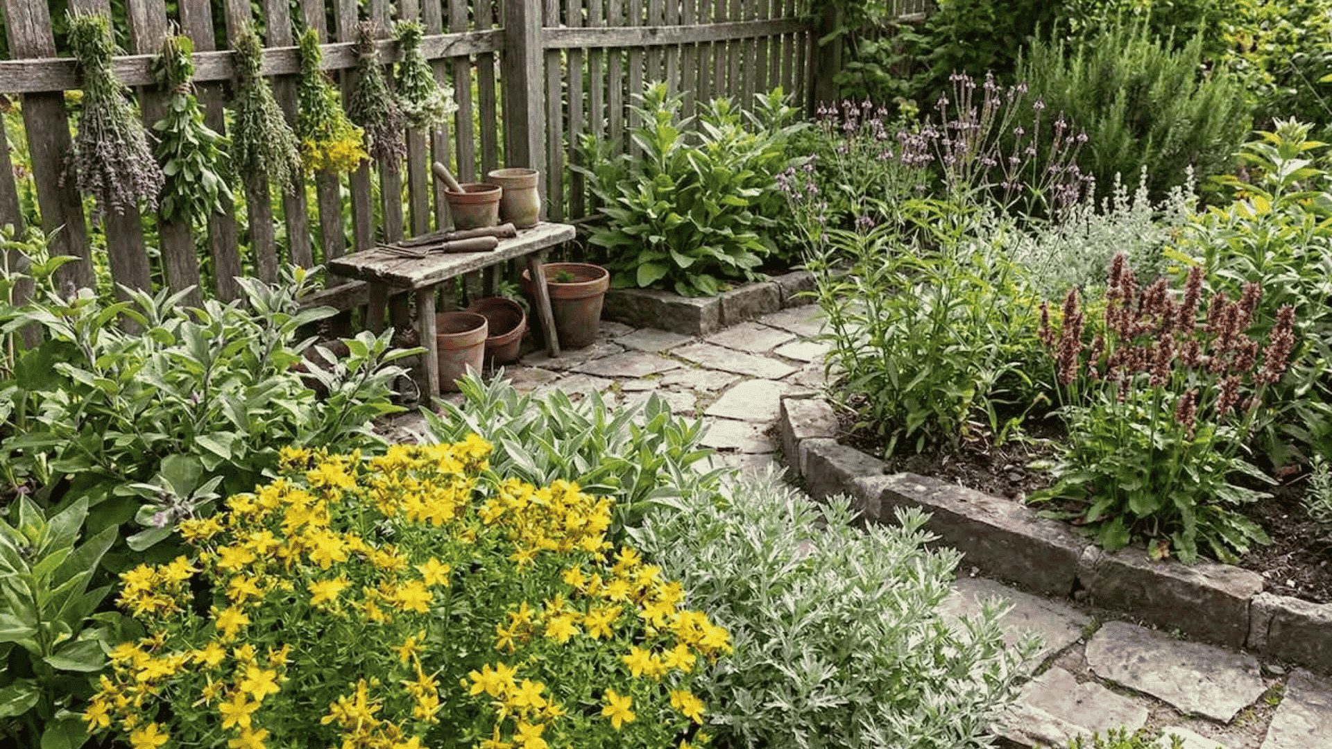 Rustic cottage garden with stone pathways, yellow flowers, potted plants, and wooden fencing surrounded by greenery.