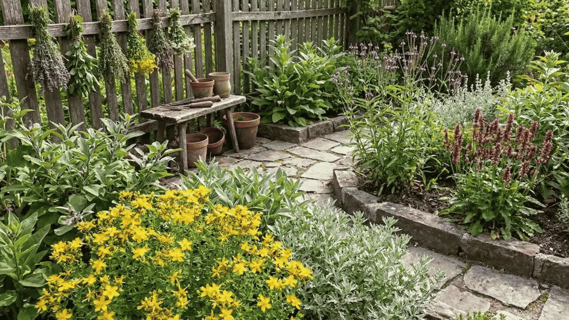 Rustic cottage garden with stone pathways, yellow flowers, potted plants, and wooden fencing surrounded by greenery.