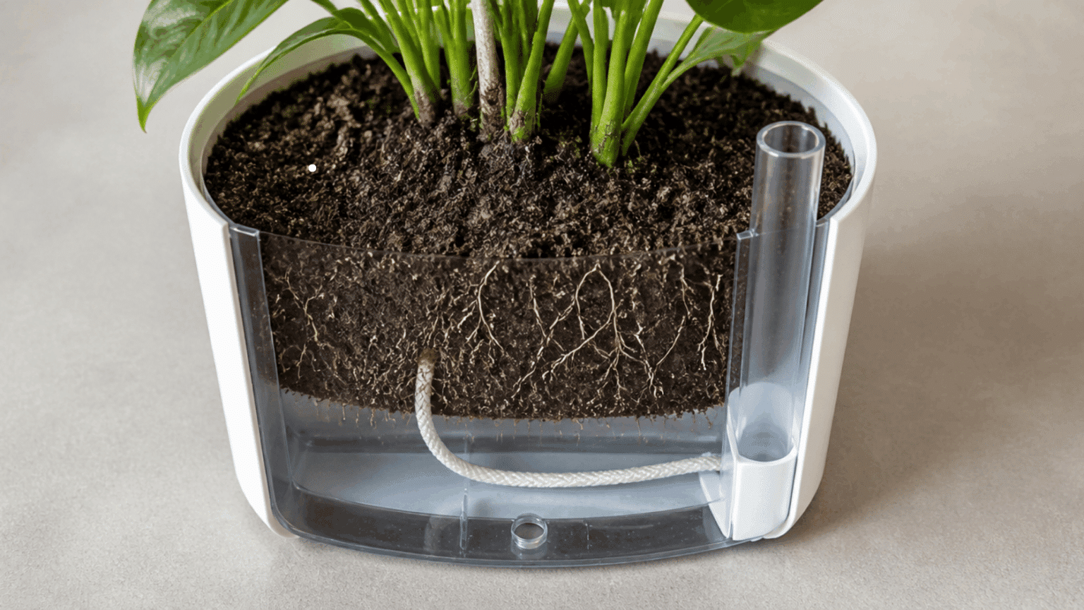 Self-watering pot with water reservoir, cotton wick, fill tube, overflow hole, and plant roots visible
