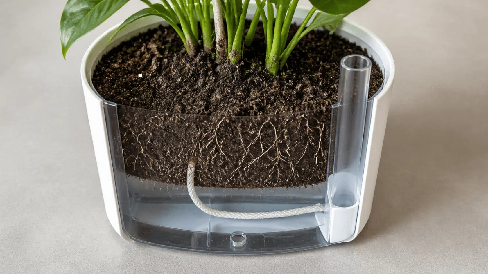 Self-watering pot with water reservoir, cotton wick, fill tube, overflow hole, and plant roots visible
