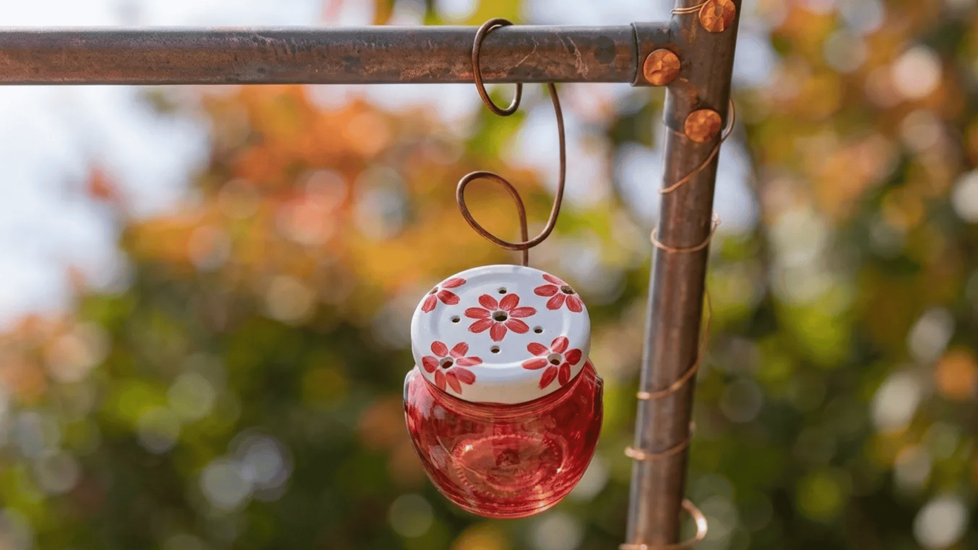 Small jar DIY hummingbird feeder with red flower details hanging from a copper wire hook