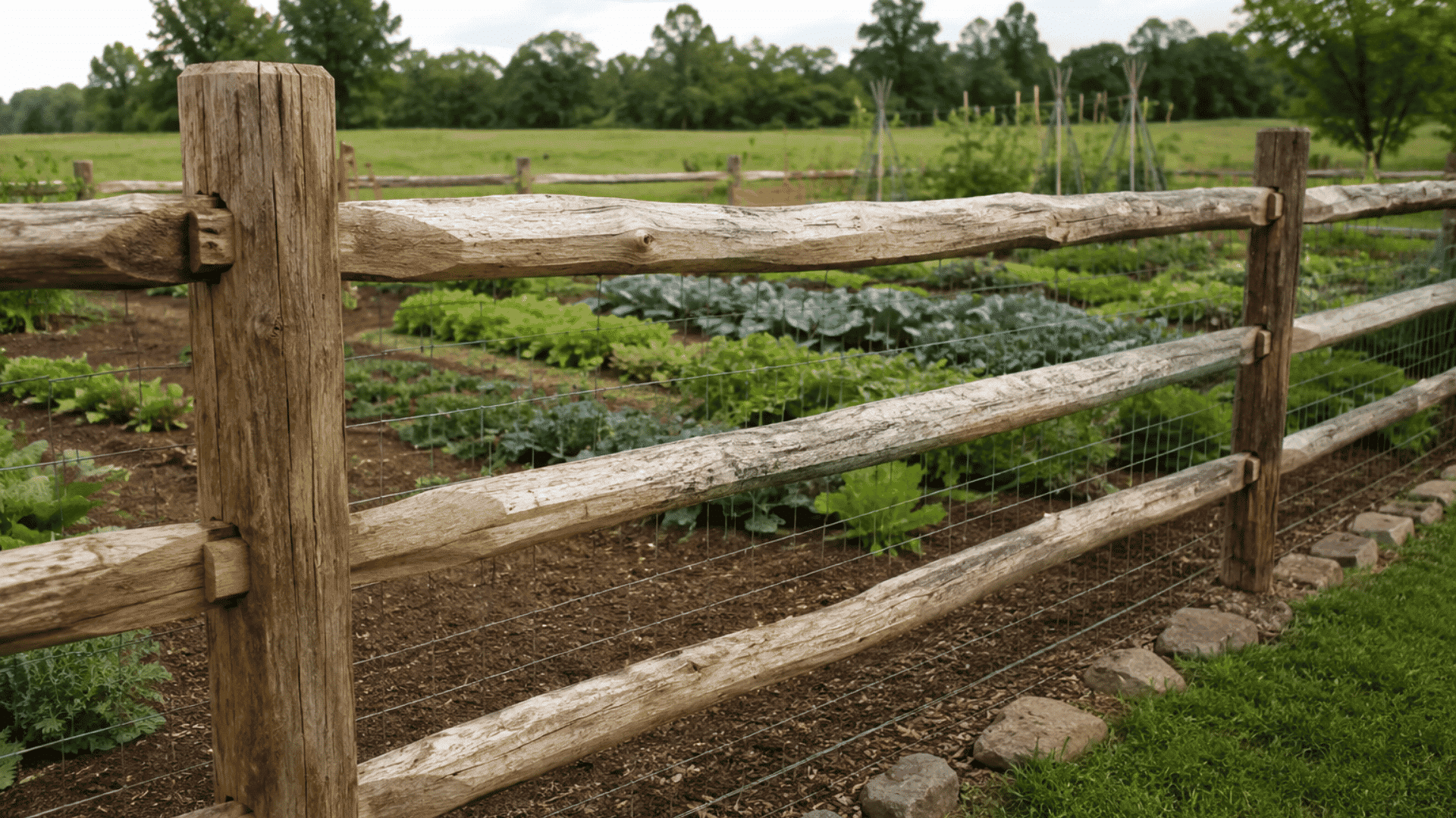 Split rail fence with wire backing around a vegetable garden on open land