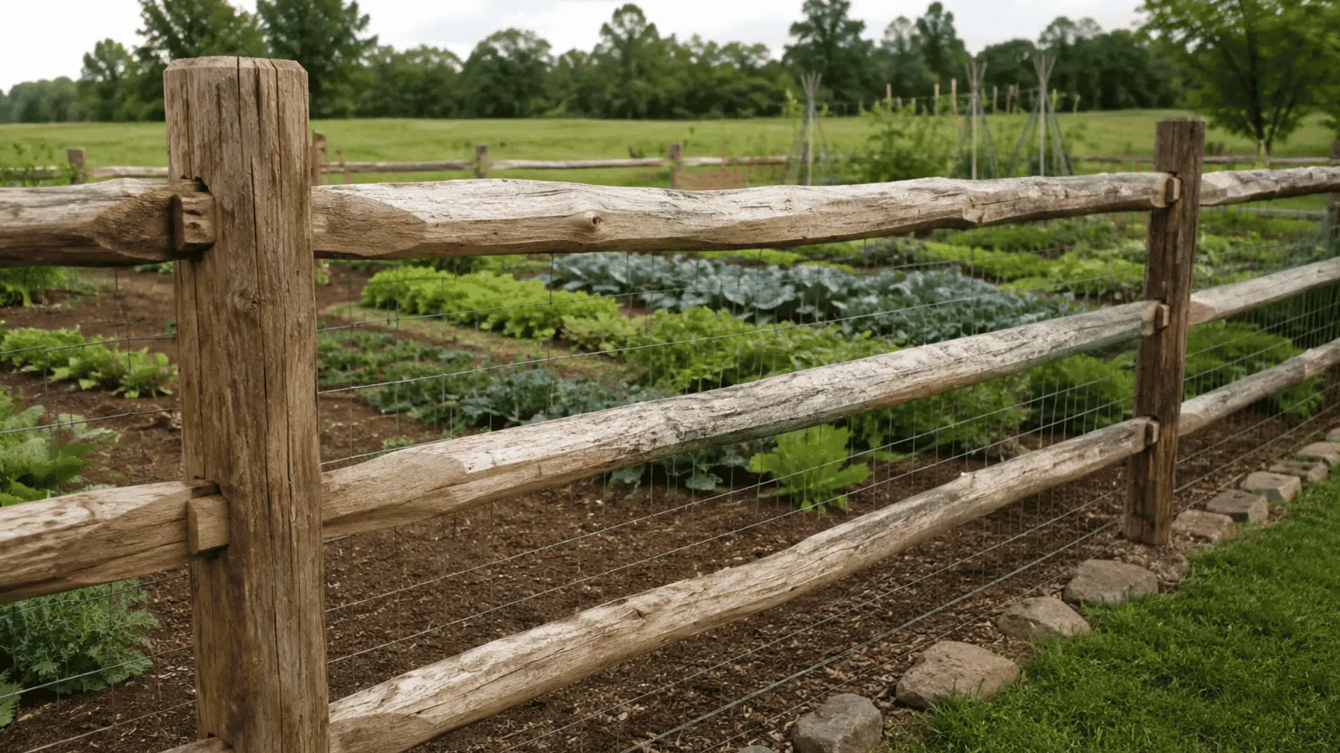 Split rail fence with wire backing around a vegetable garden on open land