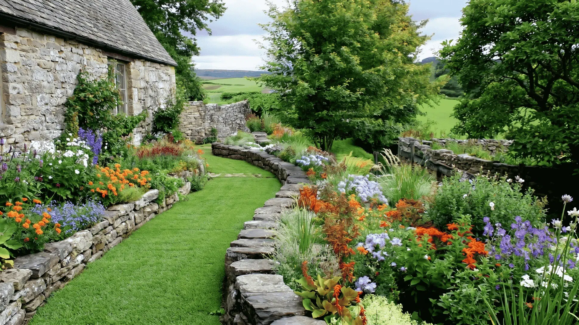 Stone cottage garden with colorful flower beds, curved grass pathway, and low stone walls in a countryside landscape.