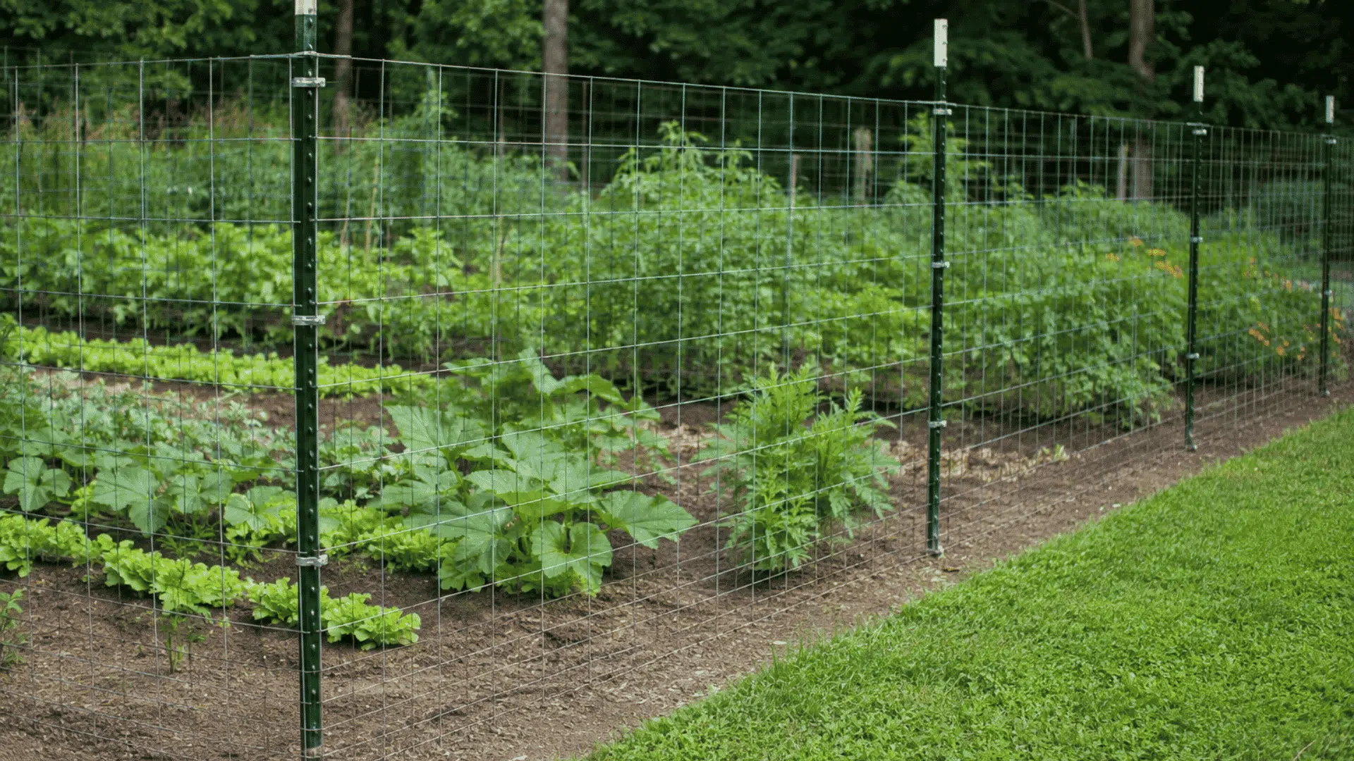 T-post and wire fence around a vegetable garden with leafy plants inside