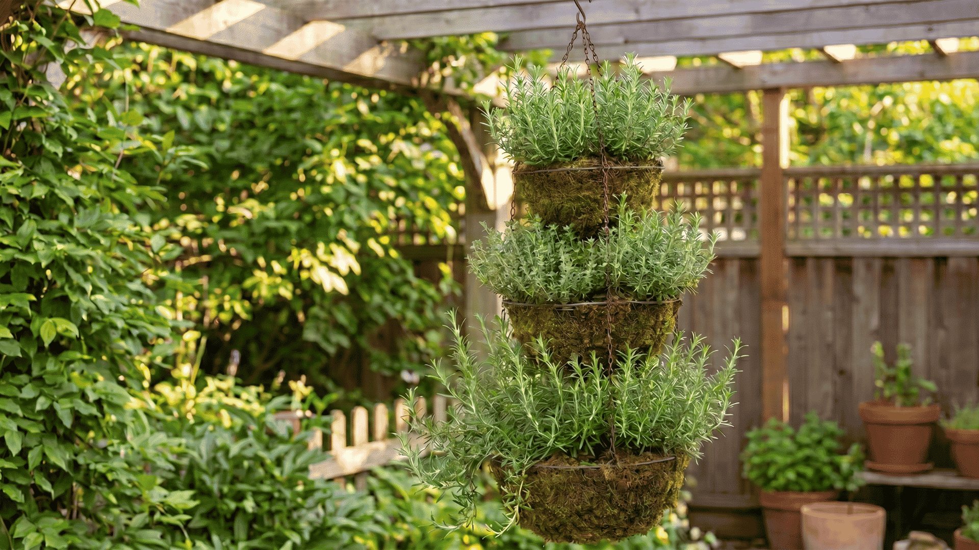 Tiered hanging herb planters with rosemary growing under a wooden pergola in a lush backyard garden space.