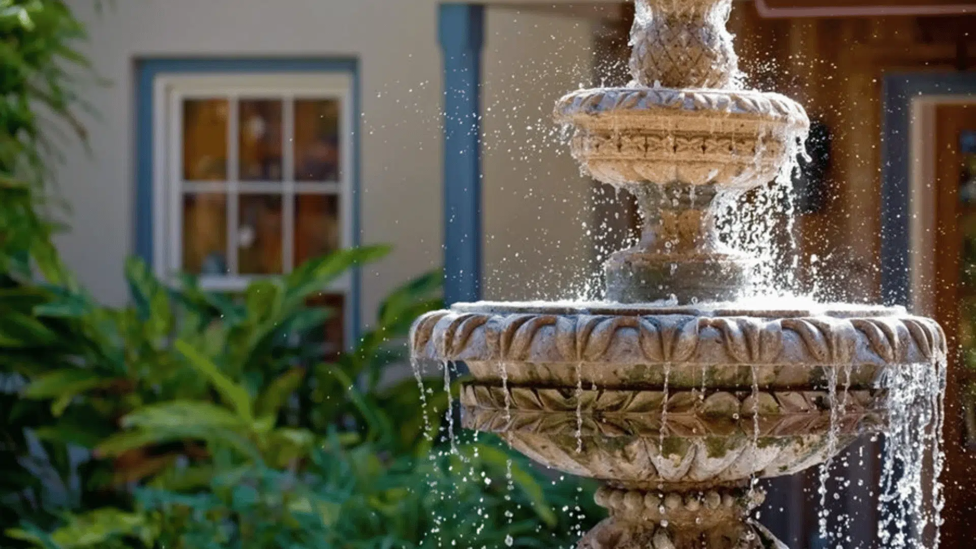 Tiered stone fountain with flowing water in a garden courtyard surrounded by green plants and a blurred house background.