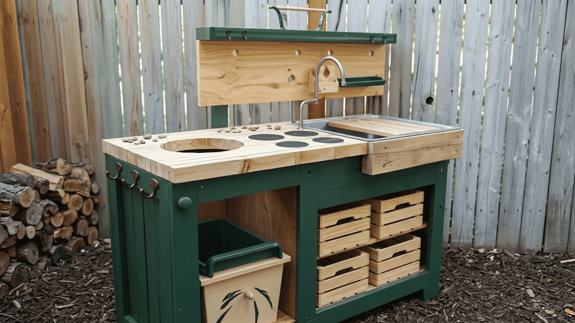 Upcycled furniture mud kitchen with built-in sink, faucet, storage crates, hooks, and play stovetop in a backyard setting.