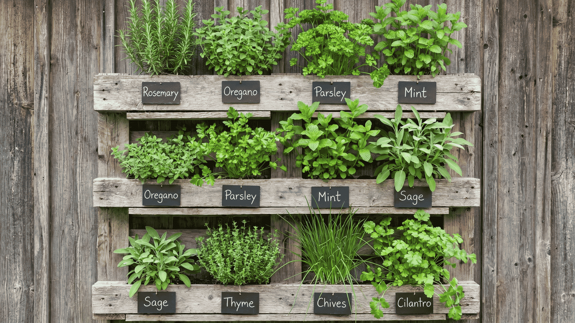 Vertical pallet herb garden with labeled rosemary, oregano, parsley, mint, sage, thyme, and cilantro growing on a wooden wall.