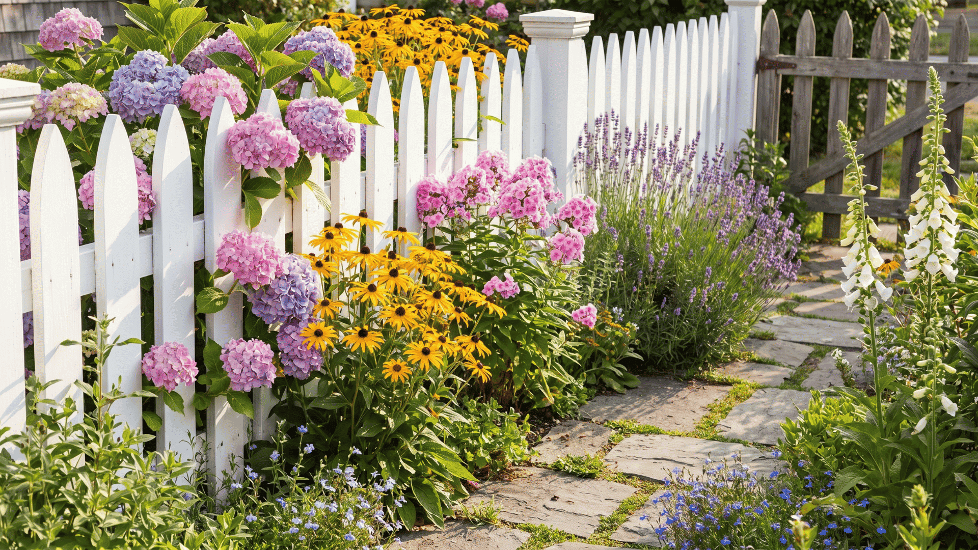 White picket fence lined with hydrangeas, lavender, and colorful flowers beside a stone garden pathway and wooden gate.