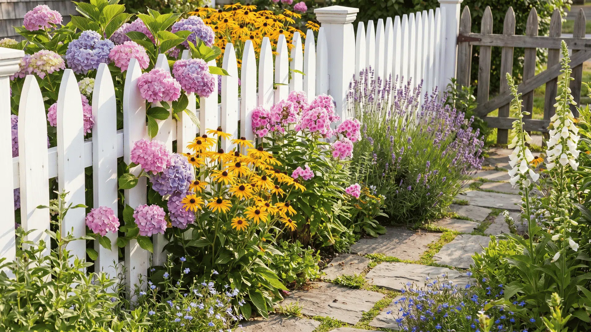 White picket fence lined with hydrangeas, lavender, and colorful flowers beside a stone garden pathway and wooden gate.