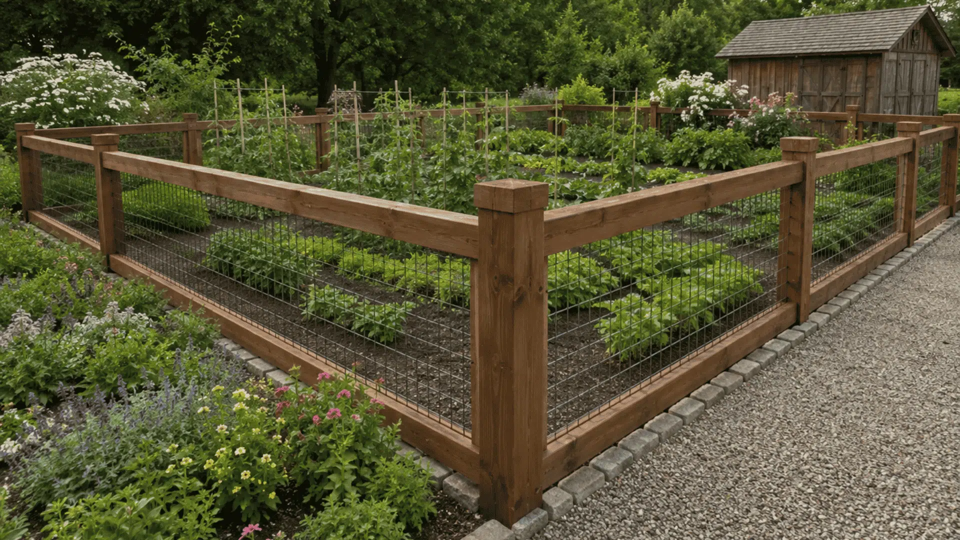 Wood and wire fence around a vegetable garden with flowers and a gravel path