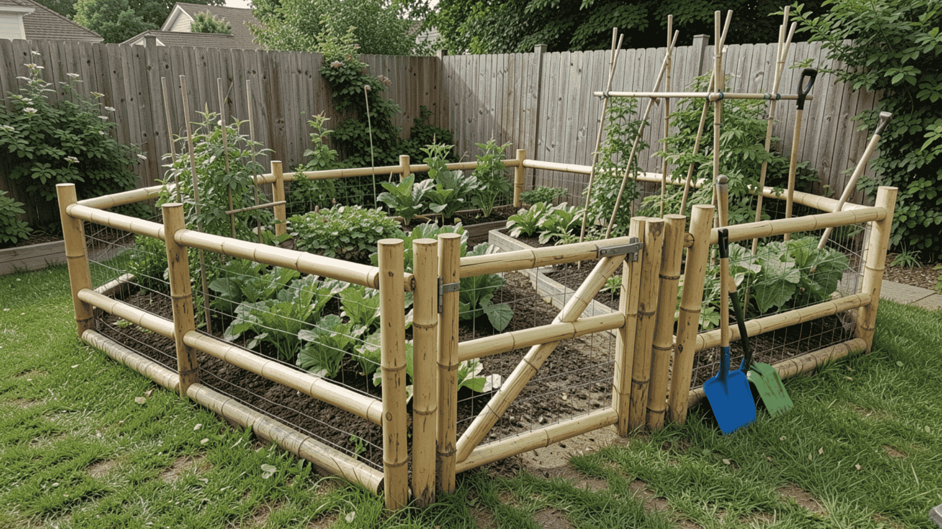 Wood and wire garden fence around a small vegetable garden.