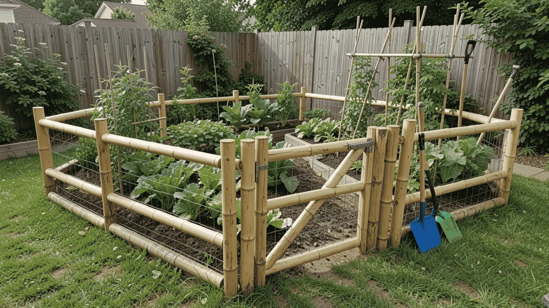 Wood and wire garden fence around a small vegetable garden.