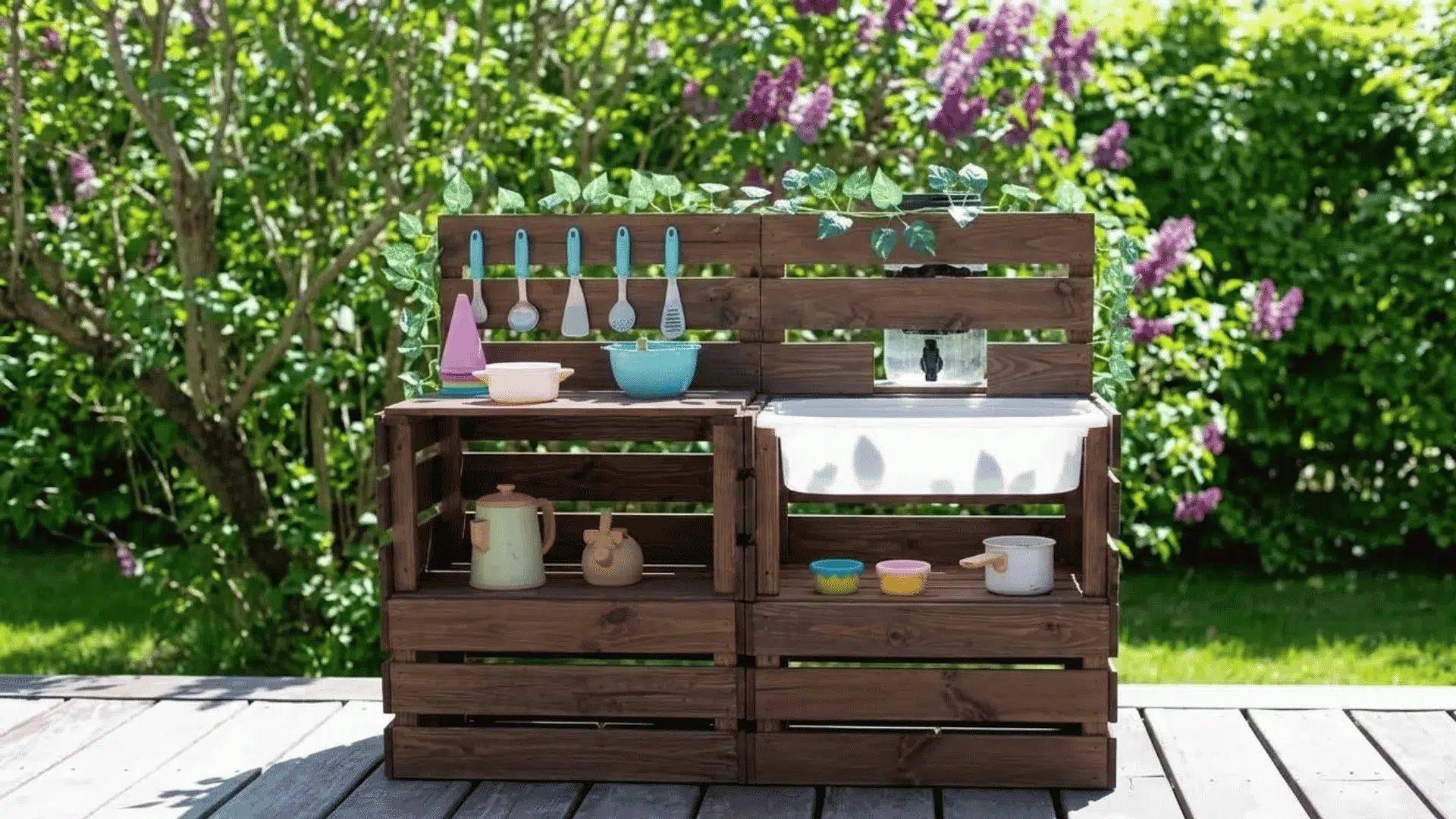 Wooden crate mud kitchen with a built-in sink, hanging utensils, open shelving, and compact storage setup on an outdoor deck.