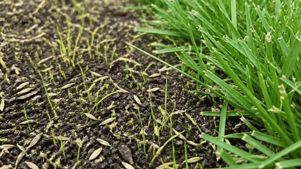 a-ground-level-view-comparing-a-patch-of-lush-green-grass-with-freshly-seeded-soil-showing-tiny-new-sprouts
