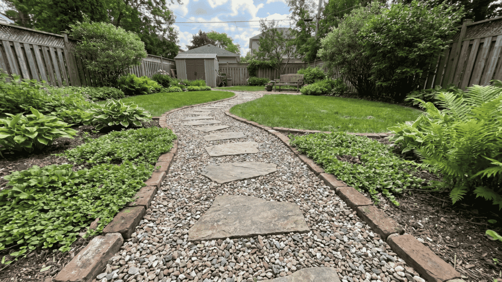 Backyard garden path with gravel, stepping stones, brick edging, and plants.