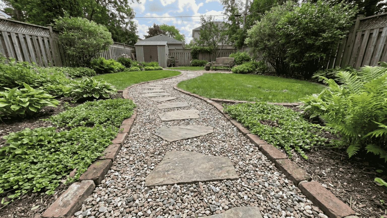 Backyard garden path with gravel, stepping stones, brick edging, and plants.