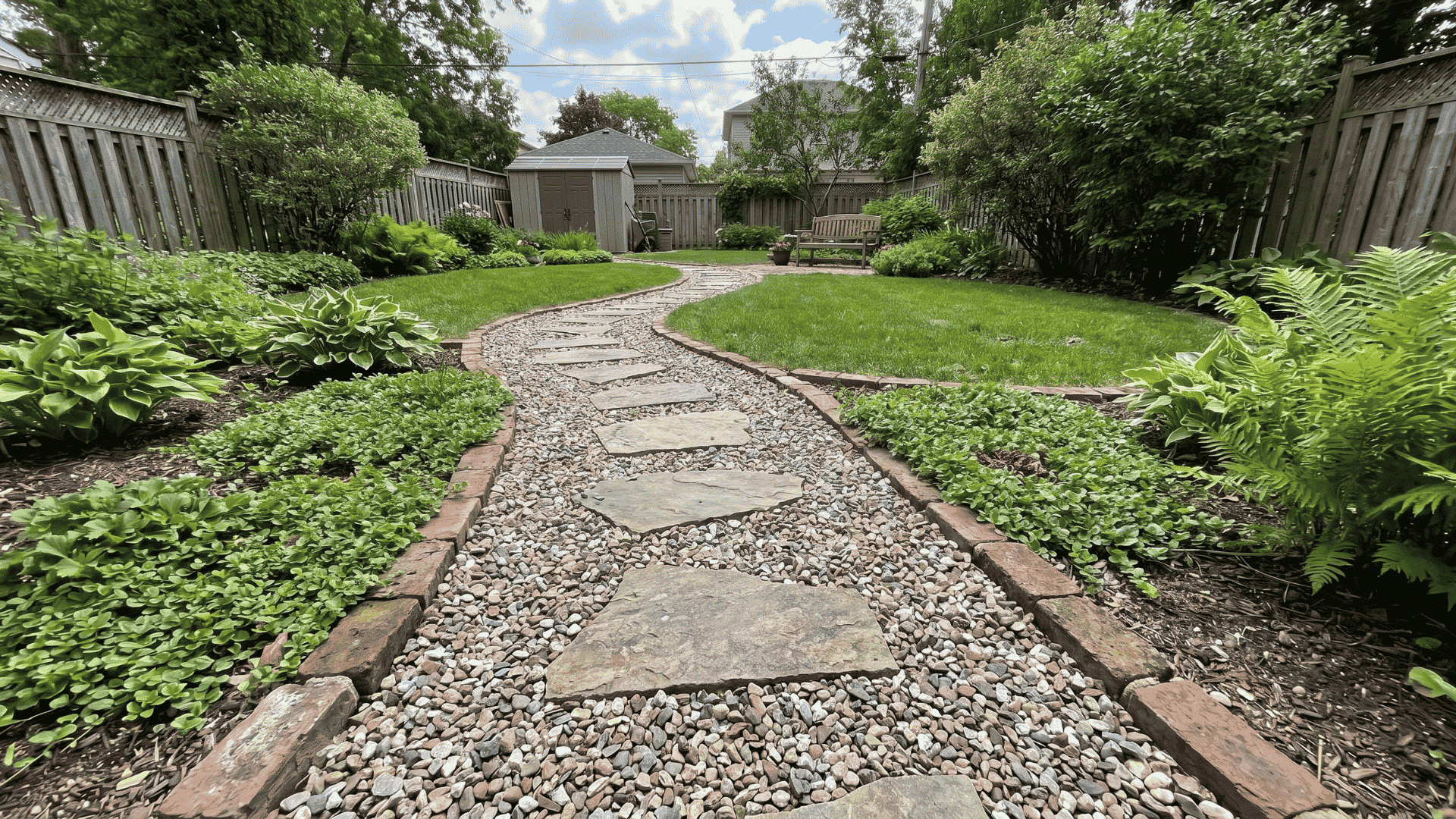 Backyard garden path with gravel, stepping stones, brick edging, and plants.