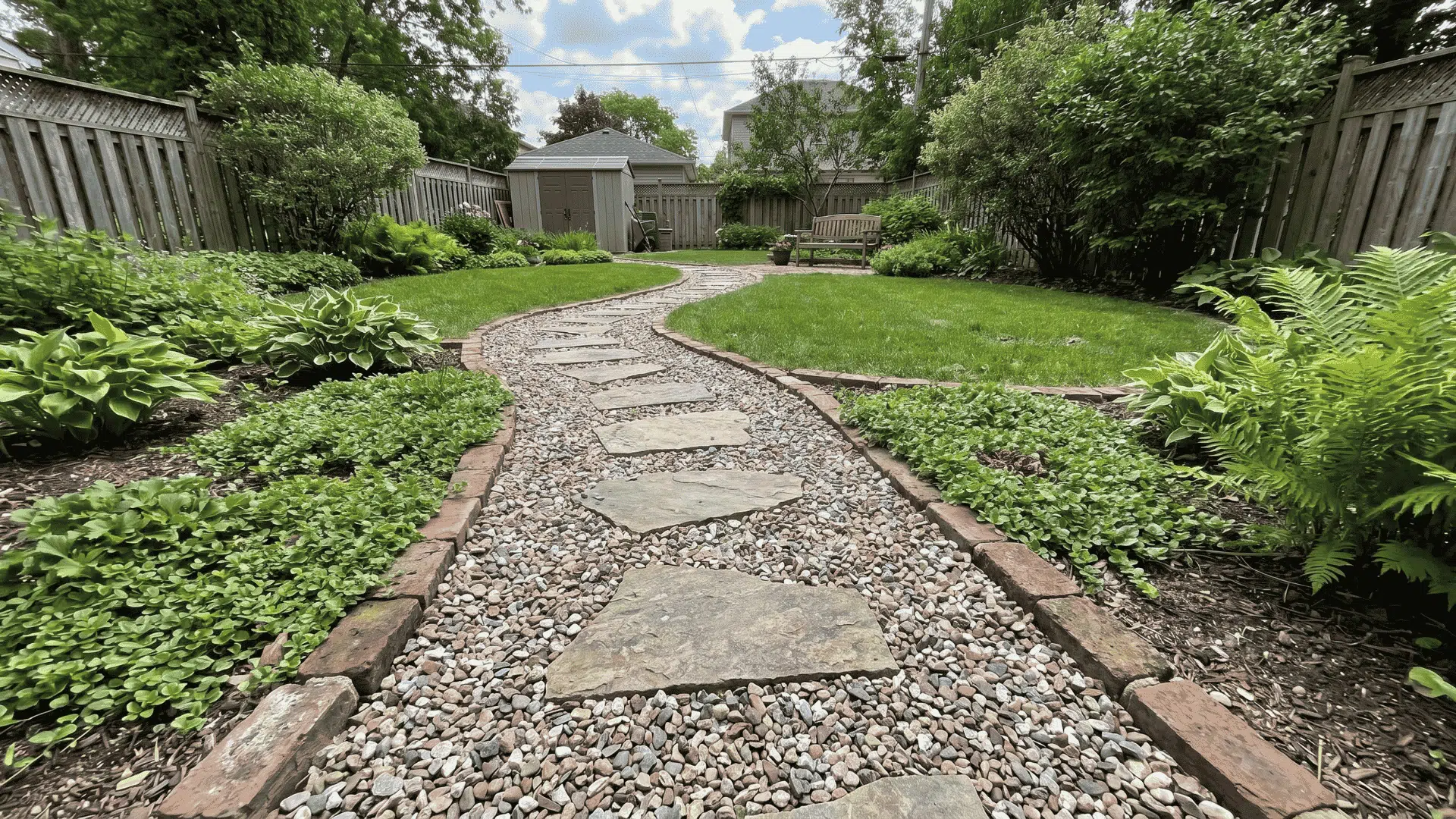 Backyard garden path with gravel, stepping stones, brick edging, and plants.