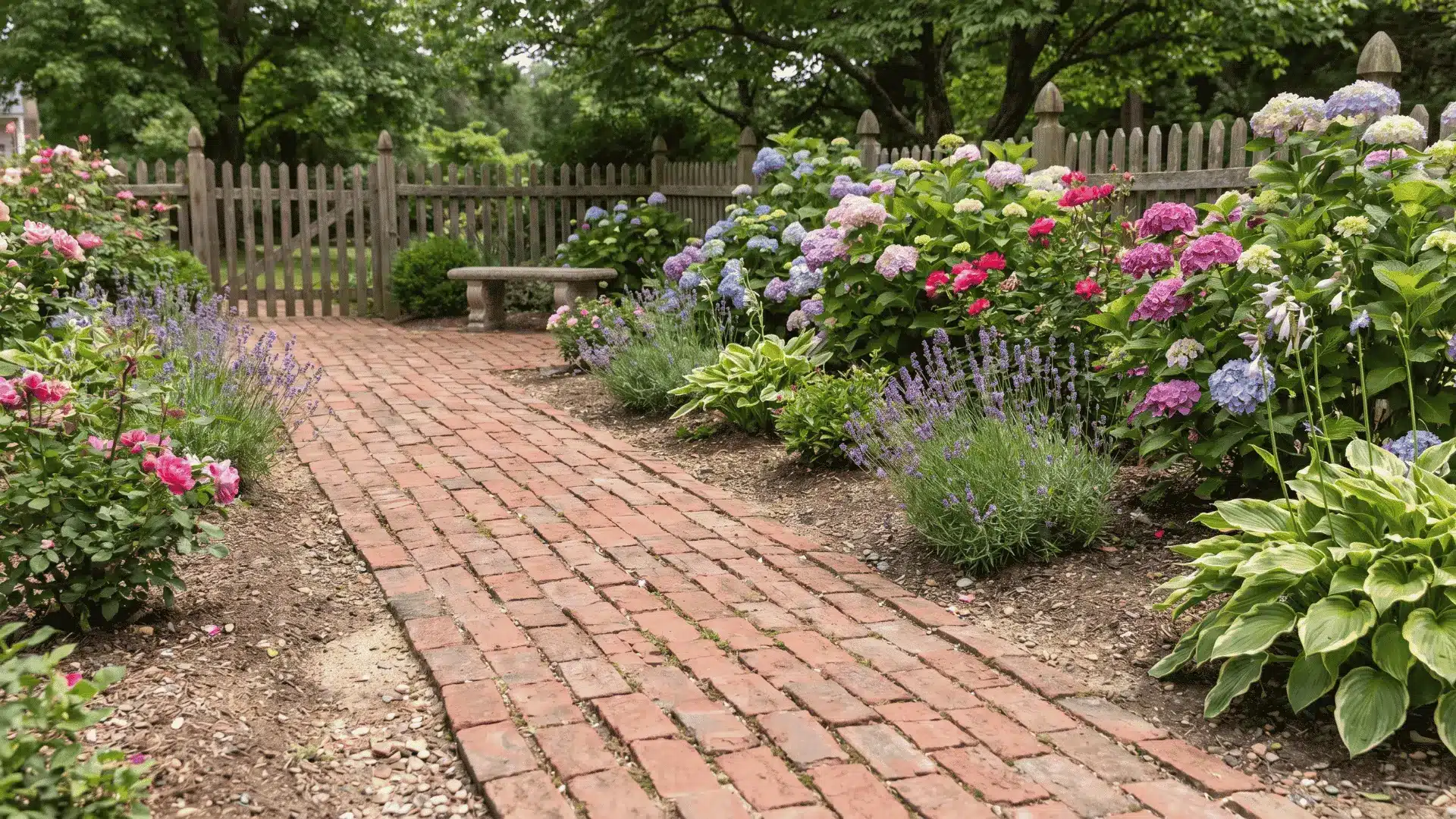 Brick garden path beside flowers in a cottage-style yard