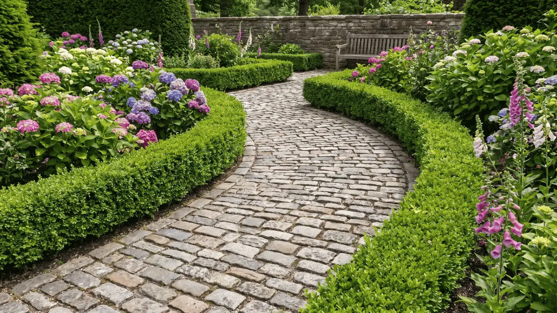 Cobblestone garden path beside plants and shrubs