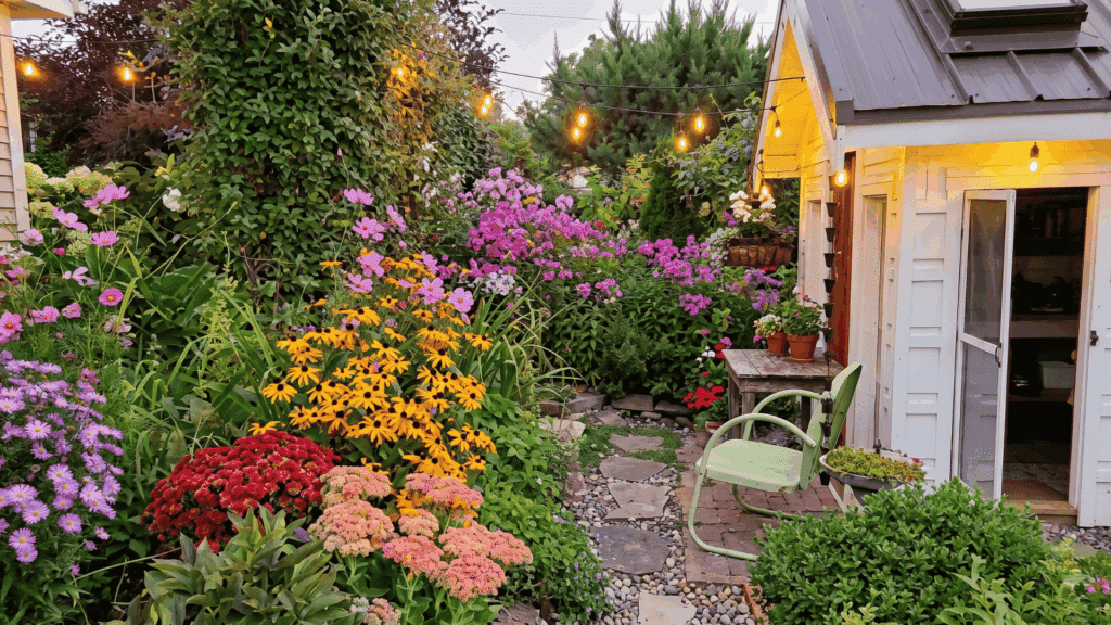 colorful cottage garden with layered flowers stone pathway trimmed greenery and warm outdoor lights near a small garden shed
