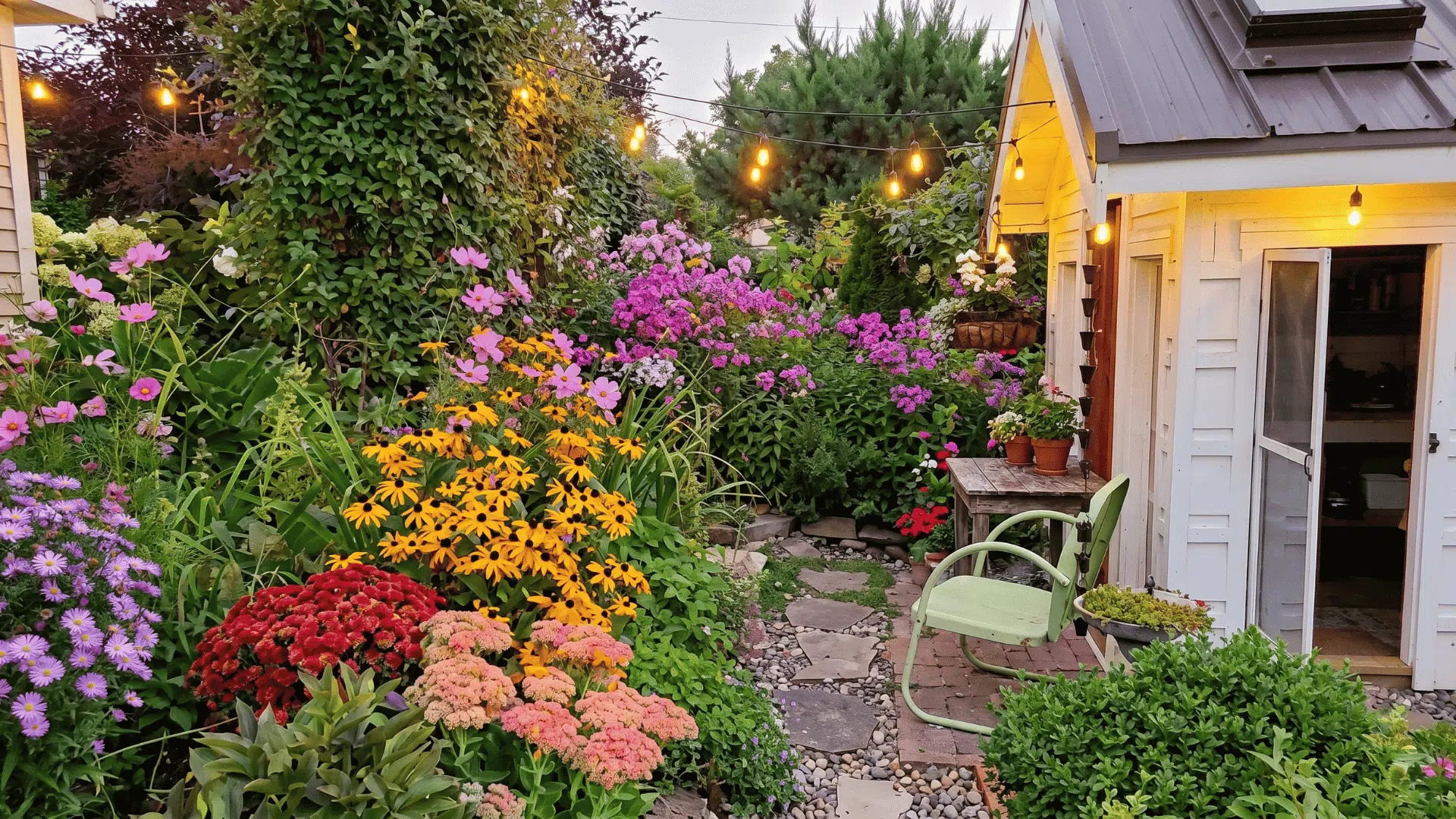 colorful cottage garden with layered flowers stone pathway trimmed greenery and warm outdoor lights near a small garden shed