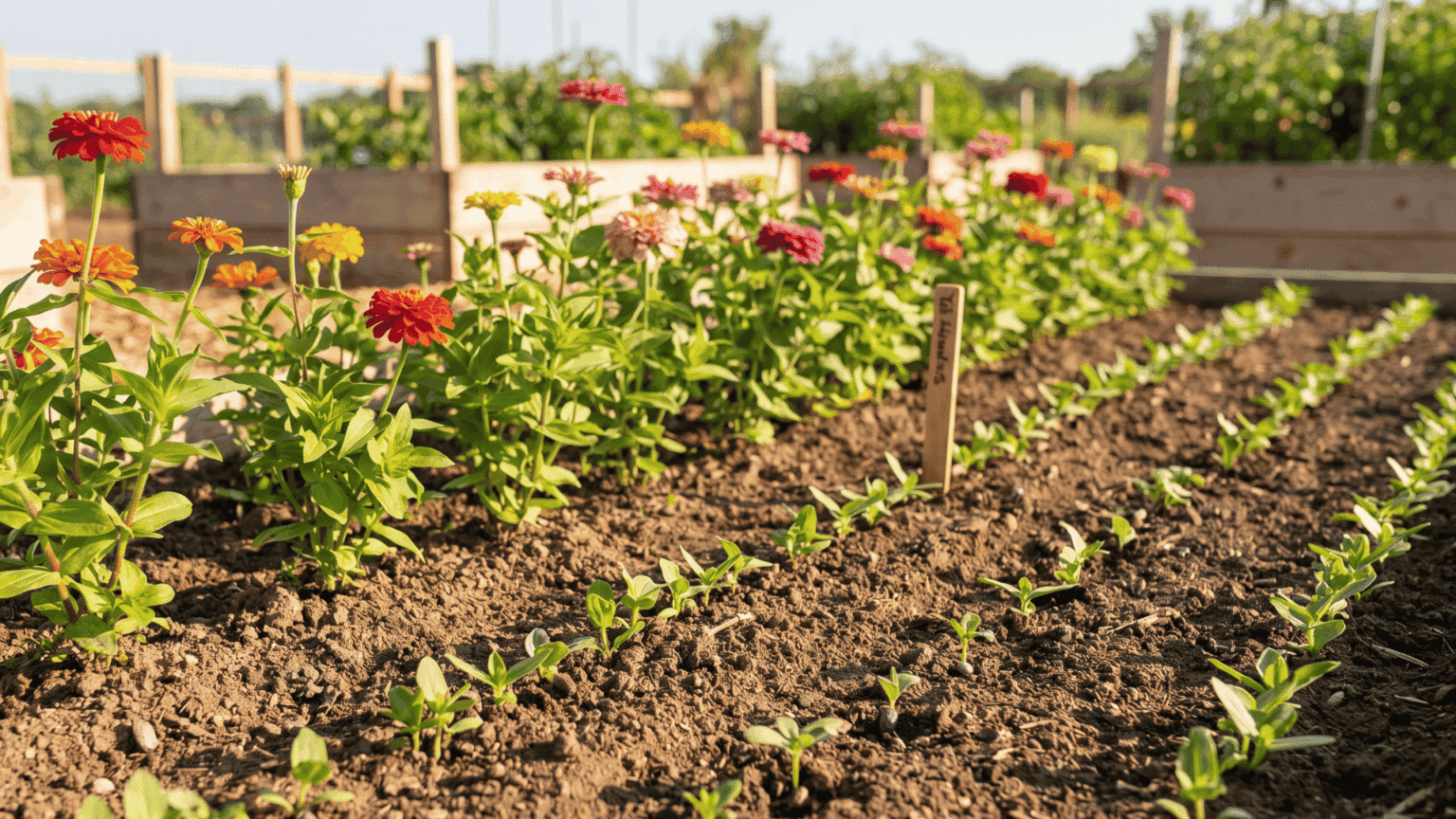 Colorful zinnia flowers growing in a sunny garden bed with spaced rows and loose soil