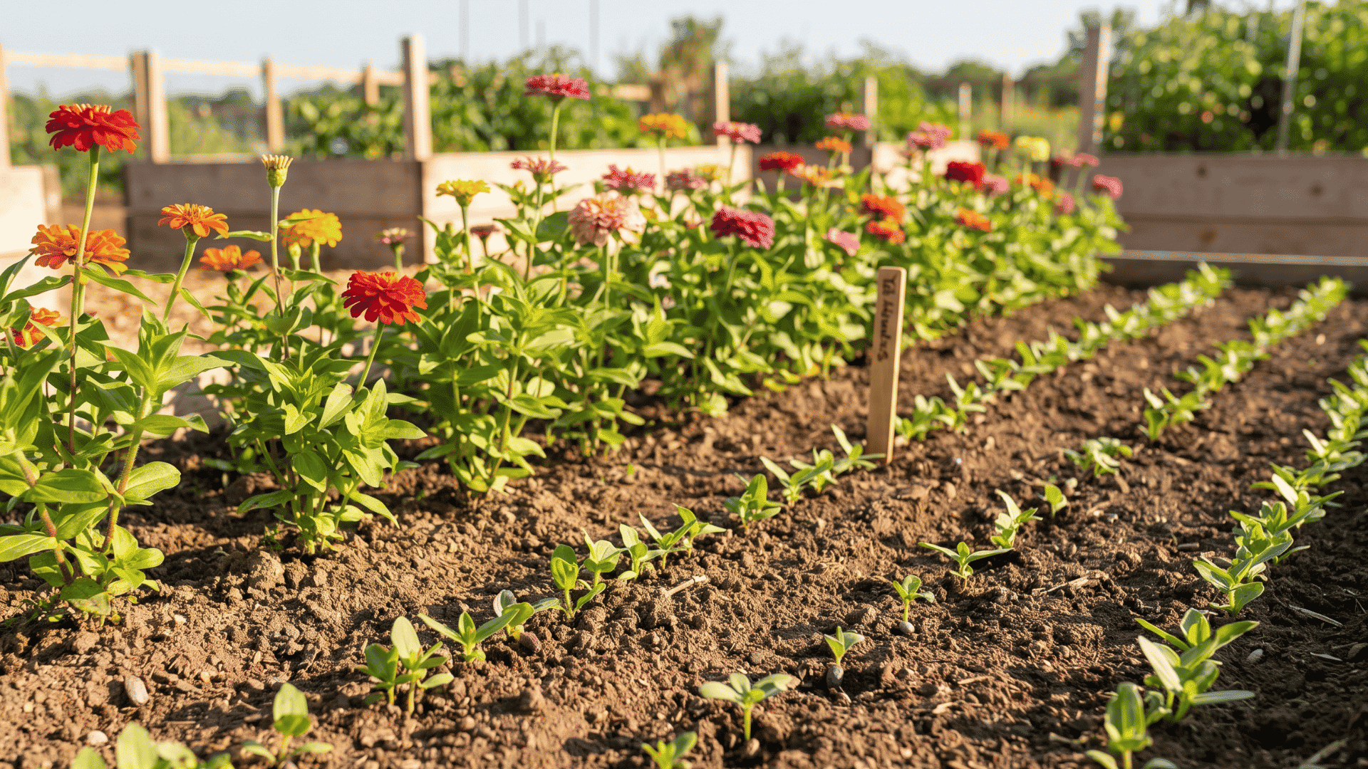 Colorful zinnia flowers growing in a sunny garden bed with spaced rows and loose soil