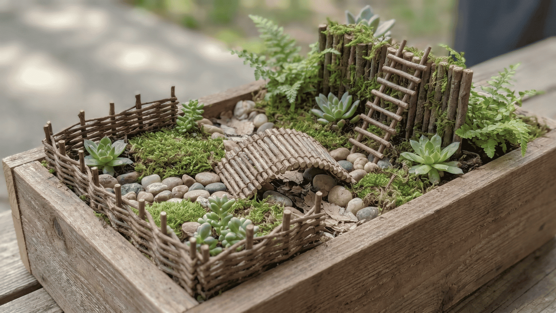 DIY twig fairy garden with twig fence, bridge, ladder, small walls, moss, and stones